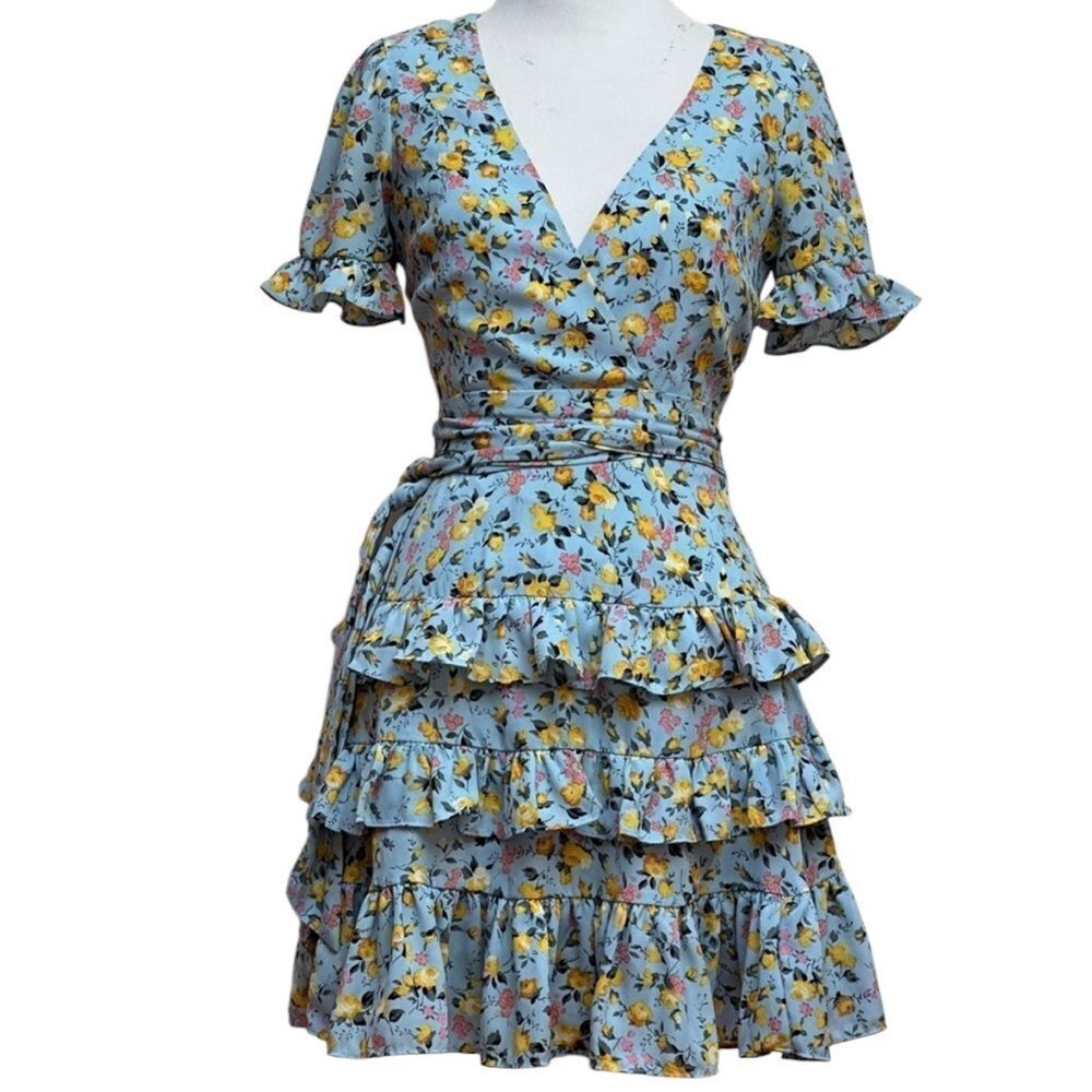Lulus Feeling Butterflies Light Blue Floral Tiered Ruffle Mini Dress Small NEW